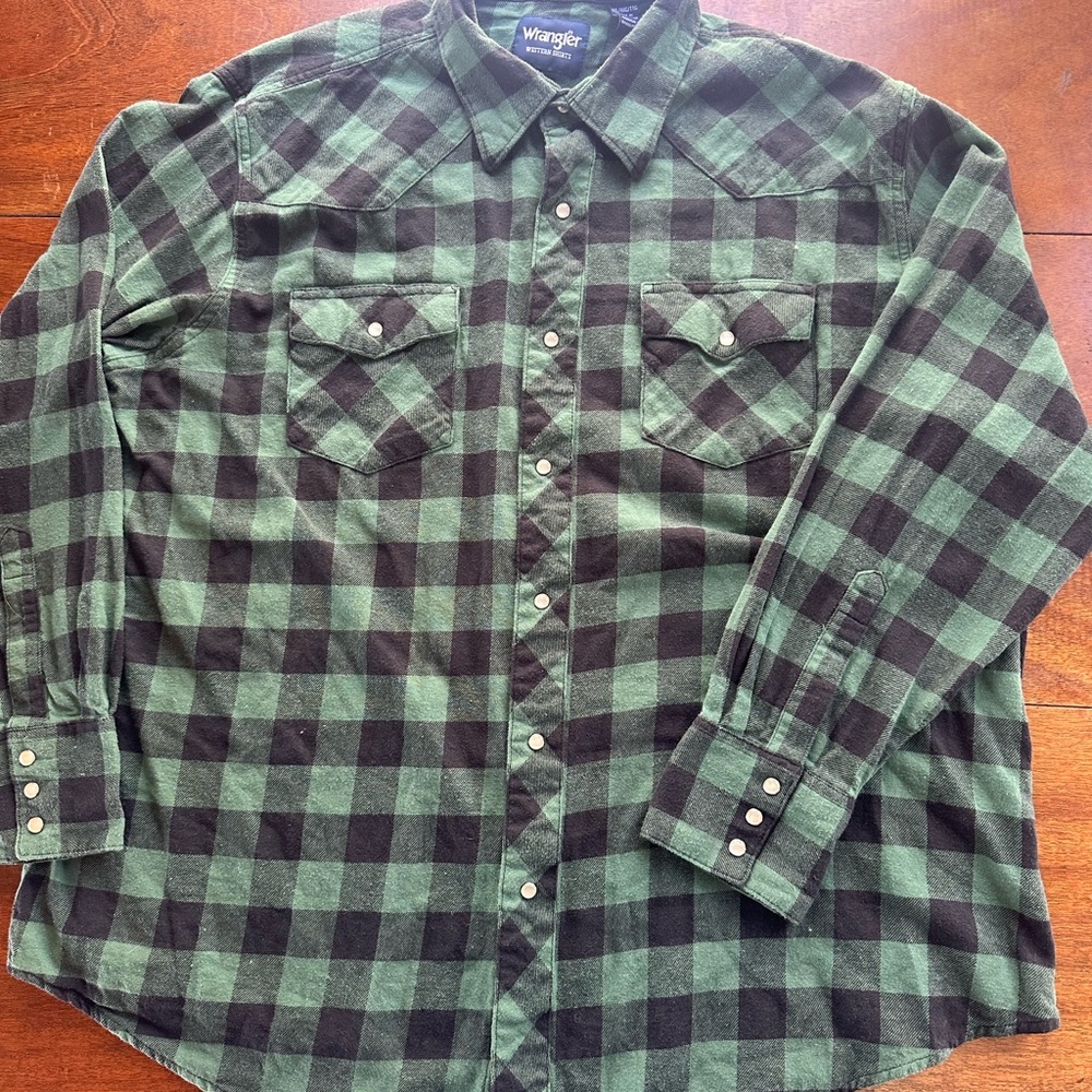 Wrangler Western Flannel Shirt Men’s XXL Green Black Plaid Pearl Snap Cotton - Picture 2 of 9